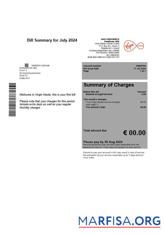 Realistic Ireland Virgin Media business utility bill template editable in Word and PDF, version 1